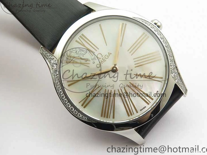 0811 Ladies’ De Ville Trésor Diamond SS 3AF 1:1 Best Edition White MOP Dial RG Markers On Black Fabric strap Swiss Quartz Comfortable 7884